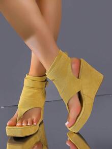 Square Toe Thick Bottom Wedge Sandals For Women, European And American Style Buckle Ankle Boots High Heel, Increased Height Slim Fit Open Toe Boots - Yellow - View 5