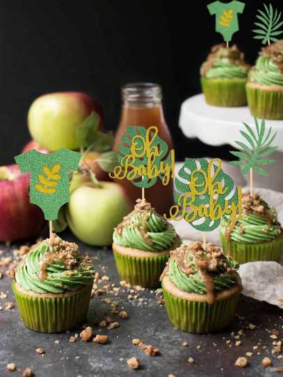Bộ 12 phụ kiện trang trí bánh cupcake chủ đề rừng rậm Safari, lá cọ lấp lánh màu xanh lá cây và hình áo liền thân cho bé, thích hợp cho tiệc mừng em bé chào đời, tiệc tiết lộ giới tính, tiệc sinh nhật.