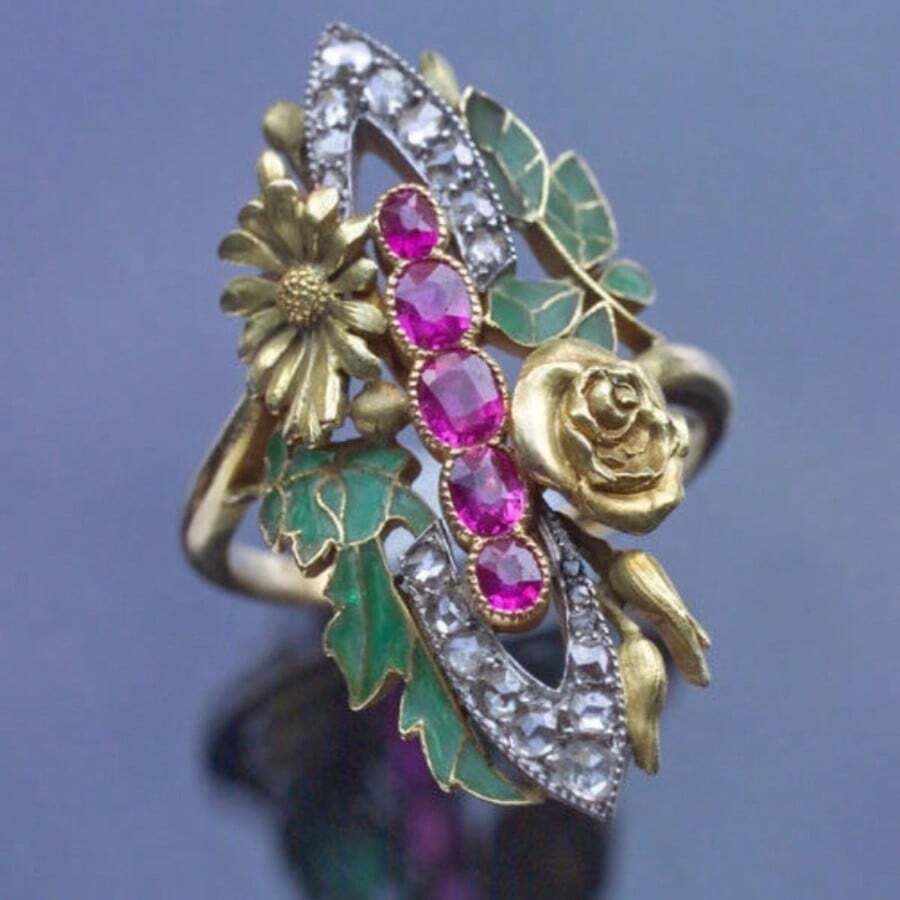 Vintage Gold Enamel Floral Ring, Inlaid Colorful Synthetic Zirconia, Pastoral Style Personalized Ring For Women - Gold - View 1