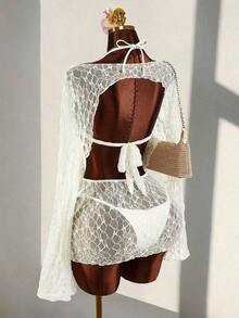 3 piezas Conjunto de Bikini de Mujer - Top, Bottom y Cubrimiento - Beis - Ver 2