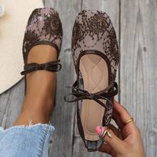Bow Square Toe Women's Flat Shoes, Knitted Casual Ballet Shoes, Plus Size, Comfortable Slip-On Loafers, Bohemian Style, Black, Coffee, Spring/Autumn Lace Flat Shoes, European And American Large Size, Summer Outdoor Casual Shoes, Walking Shoes, Women's Casual Flat Shoes, Slouchy Shoes, Hollow Bowknot Ladies Shoes, Elegant White Women's Flat Shoes, Floral - A08 Coffee Color - View 12