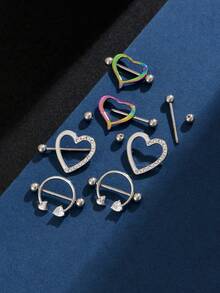 2pcs/Set Fashionable Heart-Shaped Piercing Jewelry Set For Women, Hypoallergenic 316L Stainless Steel Heart-Shaped Barbell Nipple Rings, Body Piercing Jewelry Designed For Women, Suitable For Daily Wear And Gifts - Multicolor - View 2