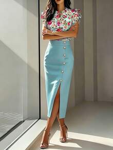 Women's Floral Print Shirt And Solid Color Skirt 2-Piece Set, Suitable For Casual, Office And Commuting Wear Vacation Summer - Blue - View 5