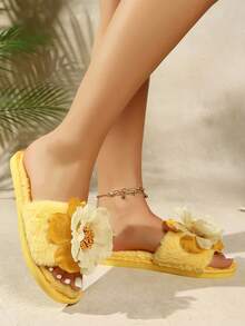 Women's Elegant Floral Embroidered Fabric Slippers, Casual Home Wear, All Season - Yellow - View 10