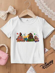Disney 1 Piece Tropical Style Kids T-Shirt Moana MAMA Letter Print Girls Breathable Versatile White Short Sleeve Top, This Baby Girl Clothing Is Suitable Forr, Versatile And Non-Stuffy, Perfect For Spring And Summer, Vacations, Outdoor Activities, Amusement Parks, And Also Makes A Great Gift For Kids. - 黑色 - 查看 1