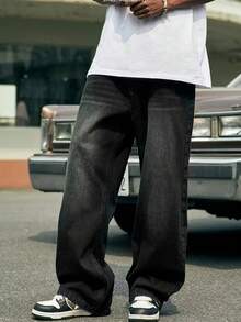 Jeans Men Black Gradient Faded Baggy Straight Denim Pants High Waist Loose Fit Vintage Y2K Hip Hop Skater Streetwear Long Trousers - Black - View 3
