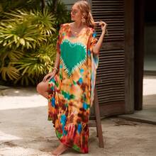 New Rayon Printed Long Dress For Seaside Vacation, Loose Plus-Size Beach Dress, Bikini Swimsuit Cover-Up For Women - Blue Gradient (ZS1817-10) - View 3