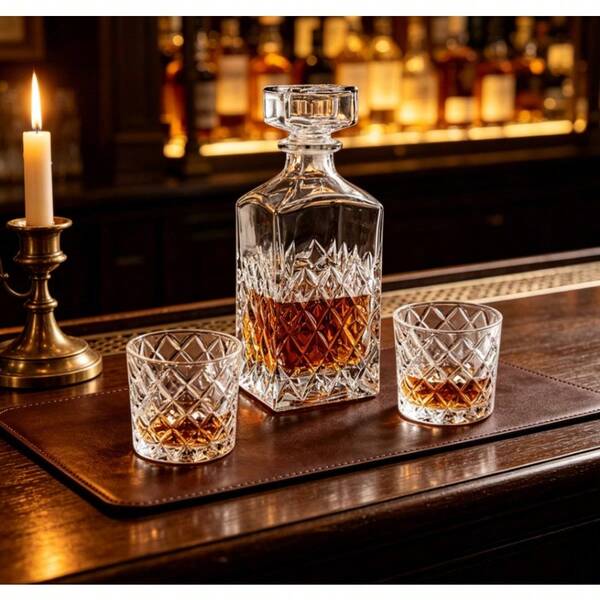 Clear Glass Decanter And DOF Glass 3-Piece Set, Classic Minimalist Barware For Kitchen & Dining