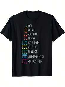 Camiseta Vintage Clásica para Hombre con Compositores y Notas Musicales - Beethoven, Bach, Mozart, Chopin - Camiseta de Manga Corta con Cuello Redondo 100% Algodón y Estampado Geométrico Colorido - Uso Casual, para Gimnasio y Aire Libre en Todas las Temporadas - Regalo Ideal para Papá, Amantes de la Música - Diseño Retro Musical - Negro - Ver 1