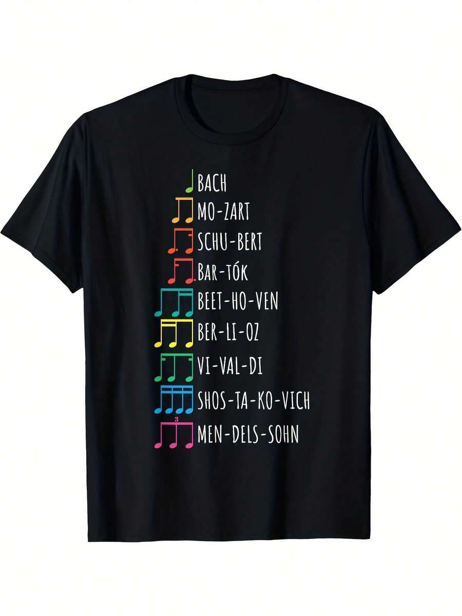 Camiseta Vintage Clásica para Hombre con Compositores y Notas Musicales - Beethoven, Bach, Mozart, Chopin - Camiseta de Manga Corta con Cuello Redondo 100% Algodón y Estampado Geométrico Colorido - Uso Casual, para Gimnasio y Aire Libre en Todas las Temporadas - Regalo Ideal para Papá, Amantes de la Música - Diseño Retro Musical - Negro - Ver 1