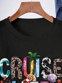 CRUISE LIFE" Summer Vibe Letter Print T-Shirt, Hello Summer, Women's Round Neck Vacation Tee Summer - 黑色 2 - 查看 3