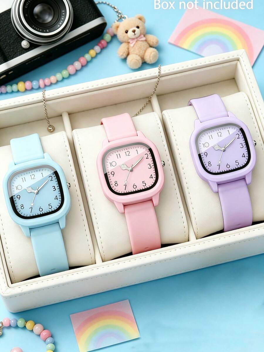 1 Set/1pc Women's 3-Color Square Dial Silicone Quartz Watch Set - Versatile Casual Accessory & Birthday Gift - Multicolor - View 1