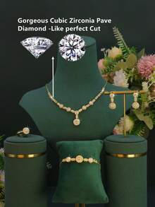 5pcs 18K Gold Plated Elegant Series Jewelry Set, Handset White Cubic Zirconia Water Drop Pendant Design Including Necklace, Bracelet, Earrings, Ring, Suitable For Daily Wear And Parties, Mother's Day Gift - White - View 4