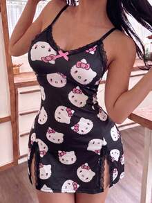 SANRIO 1件 KT 猫咪蝴蝶结蕾丝拼接侧开衩性感休闲可爱牛奶丝面料女士睡裙 - 黑色 - 查看 3