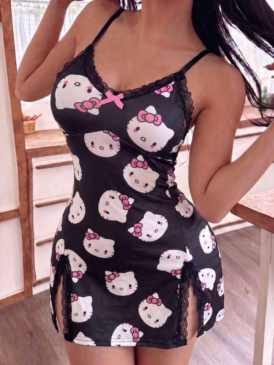 SANRIO 1件 KT 猫咪蝴蝶结蕾丝拼接侧开衩性感休闲可爱牛奶丝面料女士睡裙 - 黑色 - 查看 1