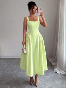 Glamful Spring/Summer Lightweight Elegant Date Solid Color Sweet Waist-Defining Back Bow Design Niche French Style Cami Dress - Green - View 10