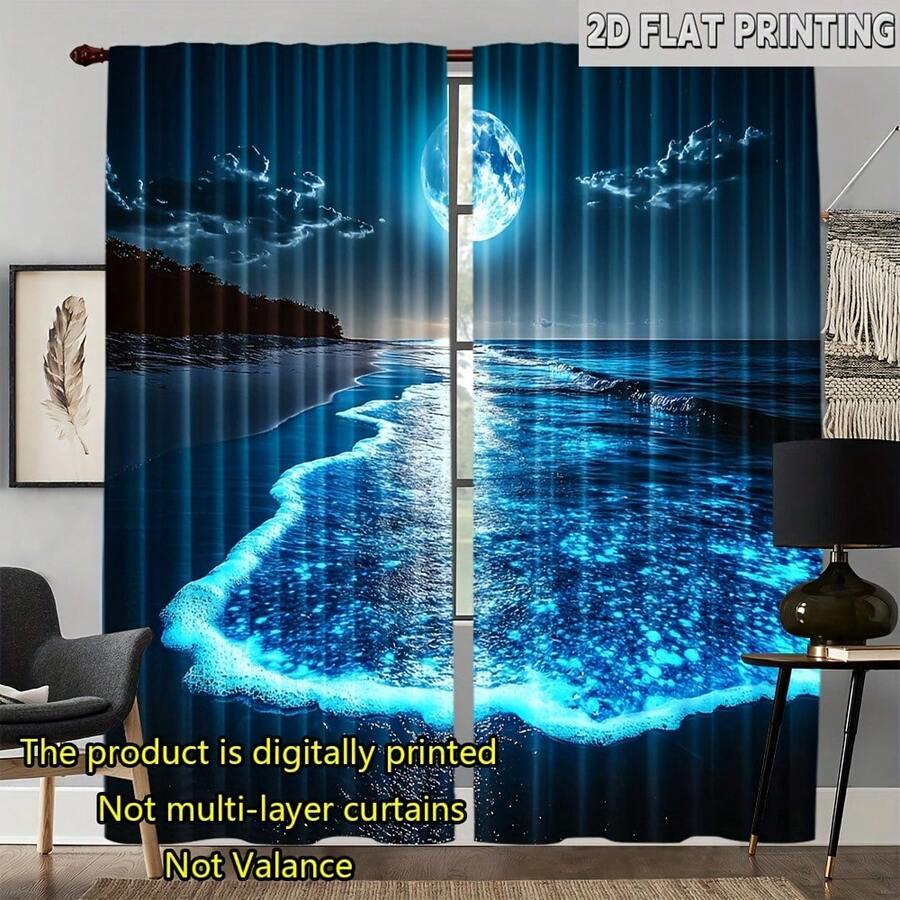 2pcs Bioluminescent Beach Night Curtains - Ocean Waves Window Drapes With Moonlight Effect, Light Filtering Privacy Sheer Panels For Living Room, Bedroom - No Rods/Batteries Needed, Easy Hang Installation (Modern Coastal Decor), Beach Decor For Home, Artistic Design, Texture, Interior Designers - Multicolor - View 1