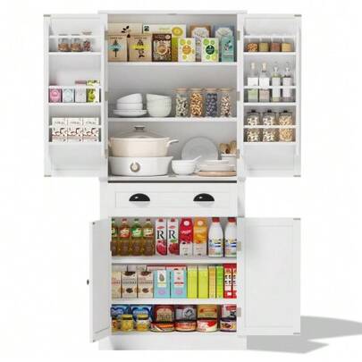 182cm Storage Cabinet, 4 Doors And 1 Drawer, 2 Doors With Shelves, 6 Storage Compartments And 4 Adjustable Shelves, Suitable For Kitchen, Dining Room And Living Room, White Color.