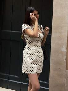 GMFP Women's Casual Elegant Fashion Bodycon Vacation Beach Knotted Collar Polka Dot Print Dress, Mother's Day White Summer - White - View 2