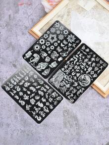 Bộ 3 khuôn dập móng nghệ thuật, họa tiết Hổ đen, Rồng, Côn trùng, Graffiti, Hình học, bằng thép không gỉ. - Bạc - Xem 2