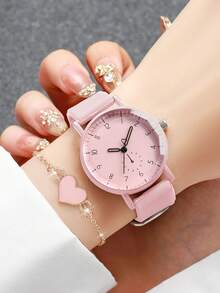 2pcs/Set Jam Tangan Silikon Wanita dengan Dial Angka Elegan, Jam Tangan Quartz + Gelang Berbentuk Hati (Kotak Jam Tangan Tidak Termasuk) - Berwarna merah muda - View 2