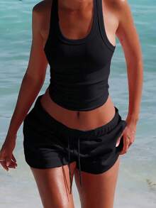 Vaiaye Women's 2-Piece Black Fitness Set, Sleeveless Tank Top And Drawstring Shorts, Sports Casual Beach Vacation Outfit Elegant Summer - Black - View 7