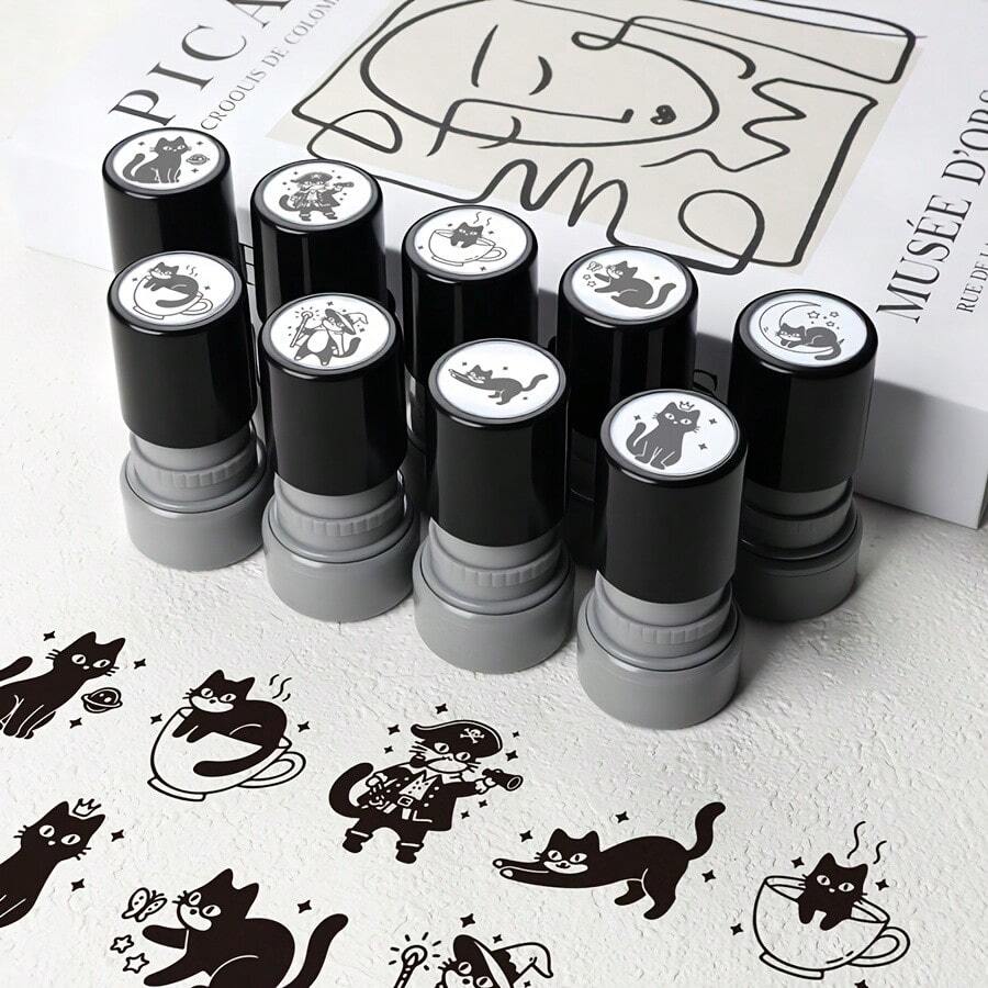 一套可爱卡通黑猫图案感光印章，适用于剪贴簿、笔记、DIY手工制作