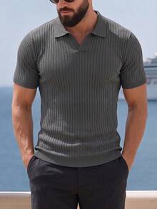 Áo polo cardigan nam cổ máy bay, áo dệt kim kẻ sọc dọc, trang phục mùa hè phong cách retro, áo len ngắn tay cài nút cổ bẻ liền thân. - Màu xám đen - Xem 9