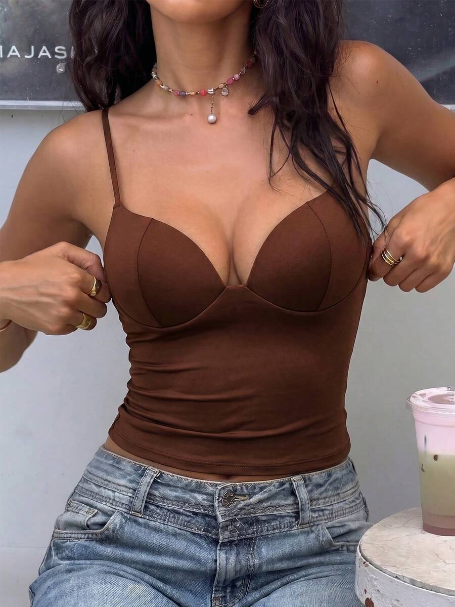 亮面针织吊带背心，性感棕色细肩带背心，女士款，奢华，夏季，春季，海滩，外出，毕业典礼，优雅，休闲 - 棕色 - 查看 1