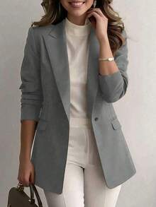 Chaqueta de blazer de unicolor con solapa para mujer, de manga larga con botones y bolsillos, adecuada para otoño, invierno y primavera.Chaqueta de oficina de manga larga, prenda exterior versátil para negocios y hogar, apta para otoño, invierno y primavera - Gris - Ver 5