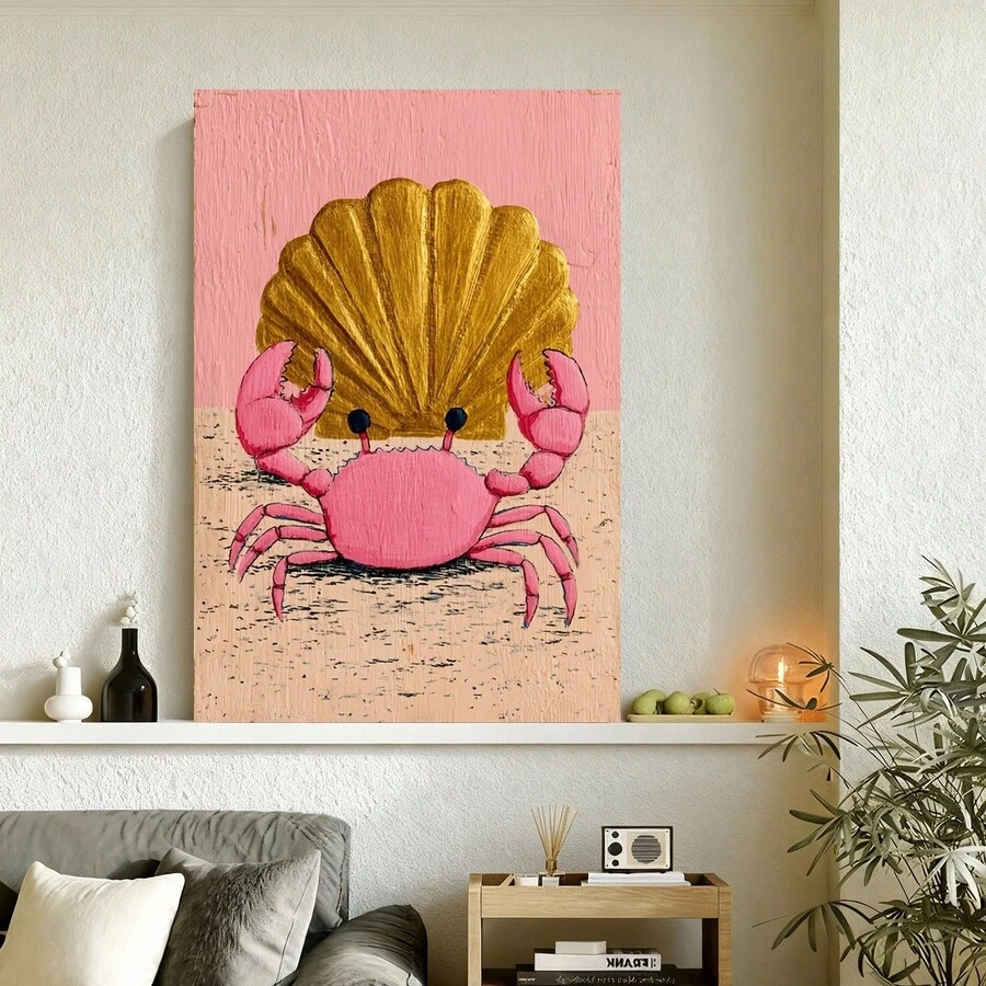 Con marco Plano 2D, Cangrejo Rosa y Concha Dorada de Encanto Costero, Regalo de San Valentín, Decoración de Pascua, Decoración de Pared, Decoración de Habitación, en Marco de , Decoración del Hogar, Decoración de Dormitorio, Decoración de Fiestas, Accesorios para Baño, Decoración - Enmarcado - Ver 1