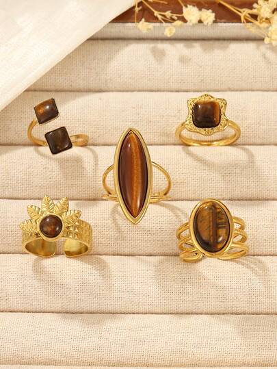 5pcs Stainless Steel Rhombus, Square, Oval Rings Set With Tiger Eye Stone, Suitable For Women's Daily Decoration Or Gift