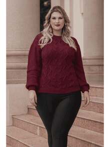 Plus Size Winter Puff Sleeve Knitted Blouse - Size G2 (EXL) - Redwood - View 1