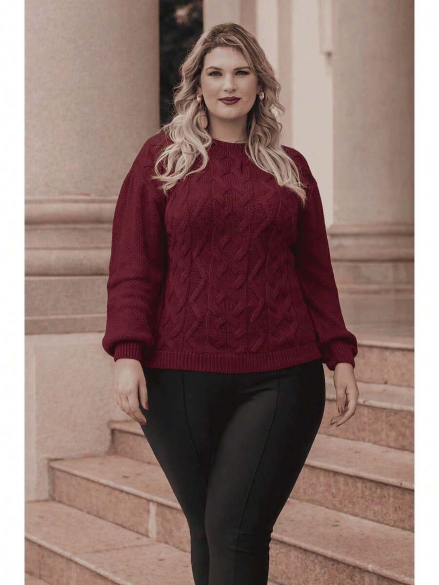 Plus Size Winter Puff Sleeve Knitted Blouse - Size G2 (EXL) - Redwood - View 1