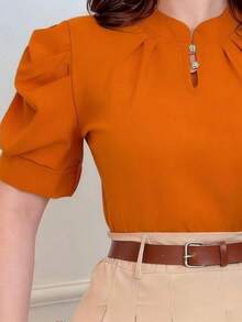 Women's Dressy Blouse With Puff Sleeves And Two Buttons. - caramelo - Ver 2