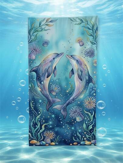 1pc Dreamy Dolphin Pattern Kids Beach Towel, Super Soft Microfiber Extra Large Beach Blanket, Super Absorbent Bath Towel, Suitable For Travel, Swimming Pool, Diving, Surfing, Yoga, Camping, Available In Multiple Sizes, Beach Accessories