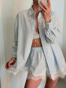 Awevudst Women Shirt Two Piece Sets Solid Color/Stripes Lace Trim Collared Button Down Long-Sleeved Shirt With Elastic Waist Shorts Sets Casual Streetwear Office Outfits - màu xanh nhạt - Xem 4