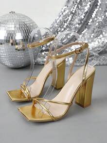 Sandalias de tacón grueso con punta cuadrada y diseño sexy para mujer - Dorado - Ver 9