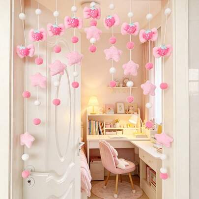 Cortina de entrada con diseño de fresa y estrella - Cortina colgante con borlas de pompones para decoración de habitación de niñas