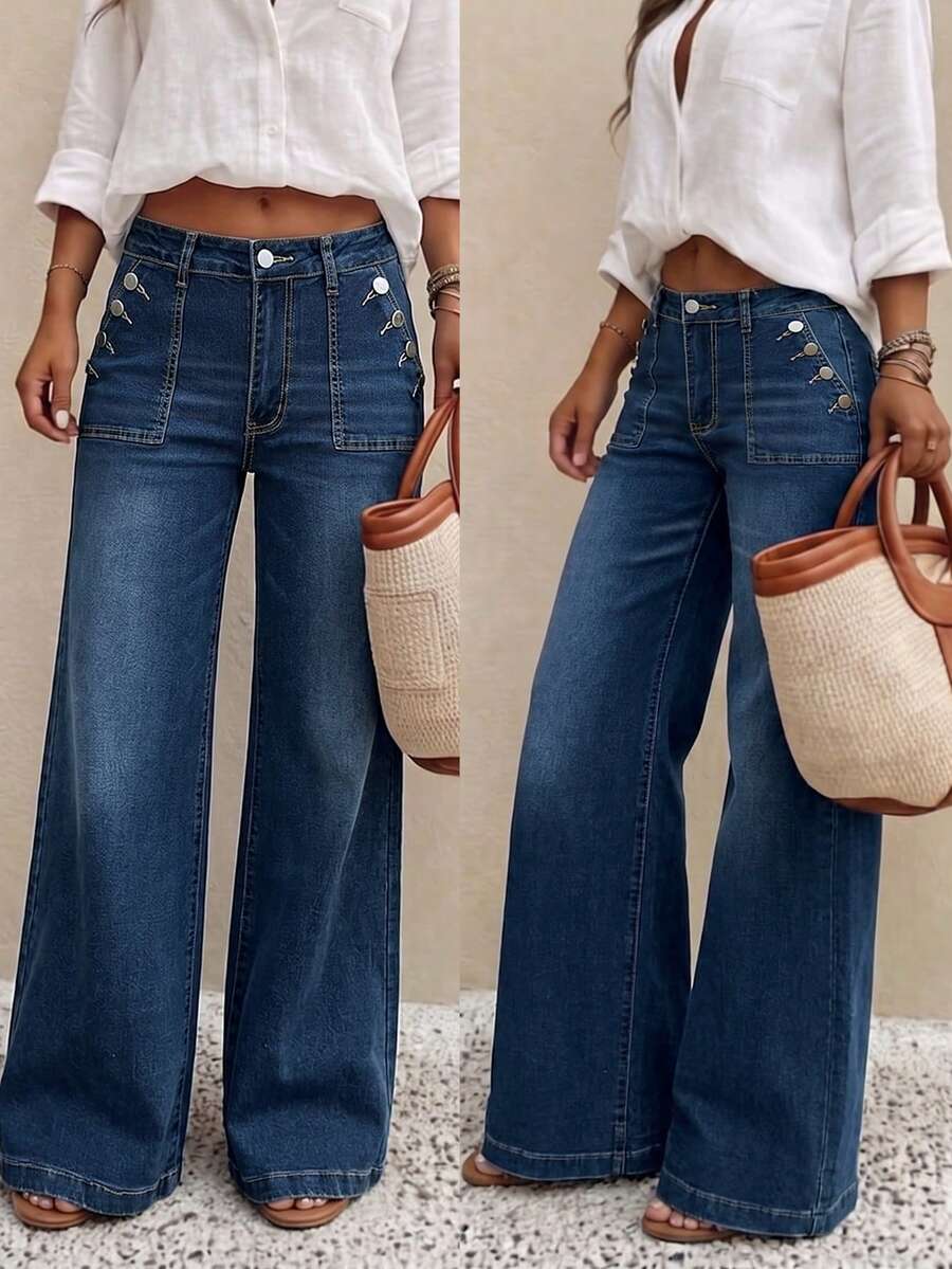Straight-Leg Jeans With Button Details, Stretchy Long Casual Style Suitable For Multiple Occasions - Dark Wash - View 1