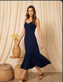 Long Dress In Viscose Linen, Plain, With Thin Straps, Buttons Down The Front, Padded Cups And Lining. Elasticated Back. - Navy Blue - View 8