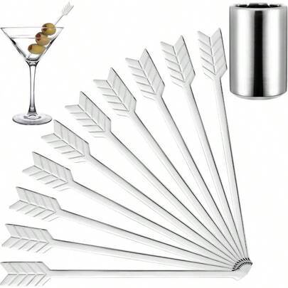 10 PCS 18/10 Stainless Steel Cocktail Toothpick, 5 Inch Martini Drink Pick Stick, Metal Reusable Cocktail Skewer With Holder, Fruit Garnish Pick Swizzle Stirrer Olive, Appetizer, Silver,