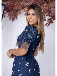 Women's Long Printed Premium Luxury Elegant Casual Party Dress With Ruffled Fabric, Perfect For Weddings, Home, Baby Showers, And Dates. - 藏蓝色 - 查看 2