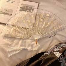 Abanico plegable de estilo chino vintage para mujeres, con encaje, rosa, flor y decoración con borlas, estilo oriental retro, portátil y plegable, adecuado para fotografía Hanfu, accesorios de cosplay, escenario de danza china, decoración de ceremonia del té, decoración del hogar y la tienda, regalo de cumpleaños, recuerdo de estilo chino, también un accesorio de verano imprescindible - A - Ver 7