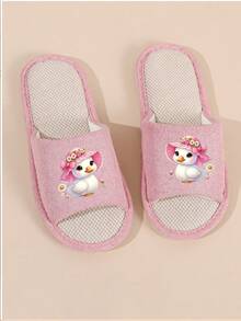 Sandal Pasangan Musim Semi & Gugur, Sandal Rumah Wanita Baru dengan Motif Hewan Lucu, Ujung Terbuka, Bahan Linen Bernapas, Hadiah Liburan - Berwarna merah muda - View 5