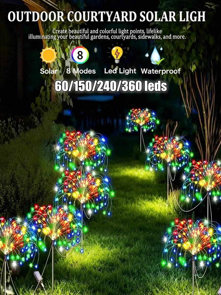 LED Solar Fireworks Garden Lights, Waterproof Lawn Lights, 8 Lighting Modes, Solar Decorative Lights, Built-In Rechargeable Nickel-Hydrogen Batteries, Non-Detachable Photovoltaic Panels. Suitable For Outdoor Gardens, Lawns, Patios, Paths And Villa Decorations, Outdoor Garden Lighting, Suitable For Paths, Gardens And Terraces. - 煙火 - 查看 1