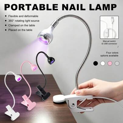 LIMEGIRL 1 pieza Lámpara LED UV para uñas, para curar esmalte de uñas en gel, lámpara de uñas mini de escritorio con clip USB flexible, secador de uñas portátil, herramienta de salón de uñas, lámpara de uñas pequeña con clip, flexible y doblable, alimentada por USB, encendido con un solo toque