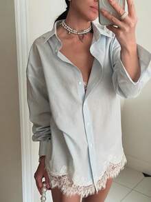 Awevudst Women Shirt Two Piece Sets Solid Color/Stripes Lace Trim Collared Button Down Long-Sleeved Shirt With Elastic Waist Shorts Sets Casual Streetwear Office Outfits - màu xanh nhạt - Xem 5
