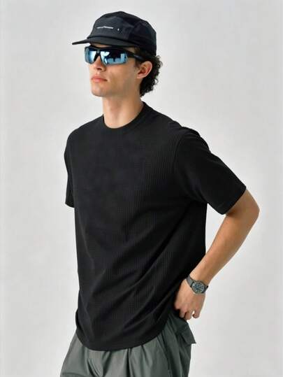 Men's Black Round Neck Short Sleeve Top, Mesh Design, Breathable For Sports, Fitness, Outdoor Activities