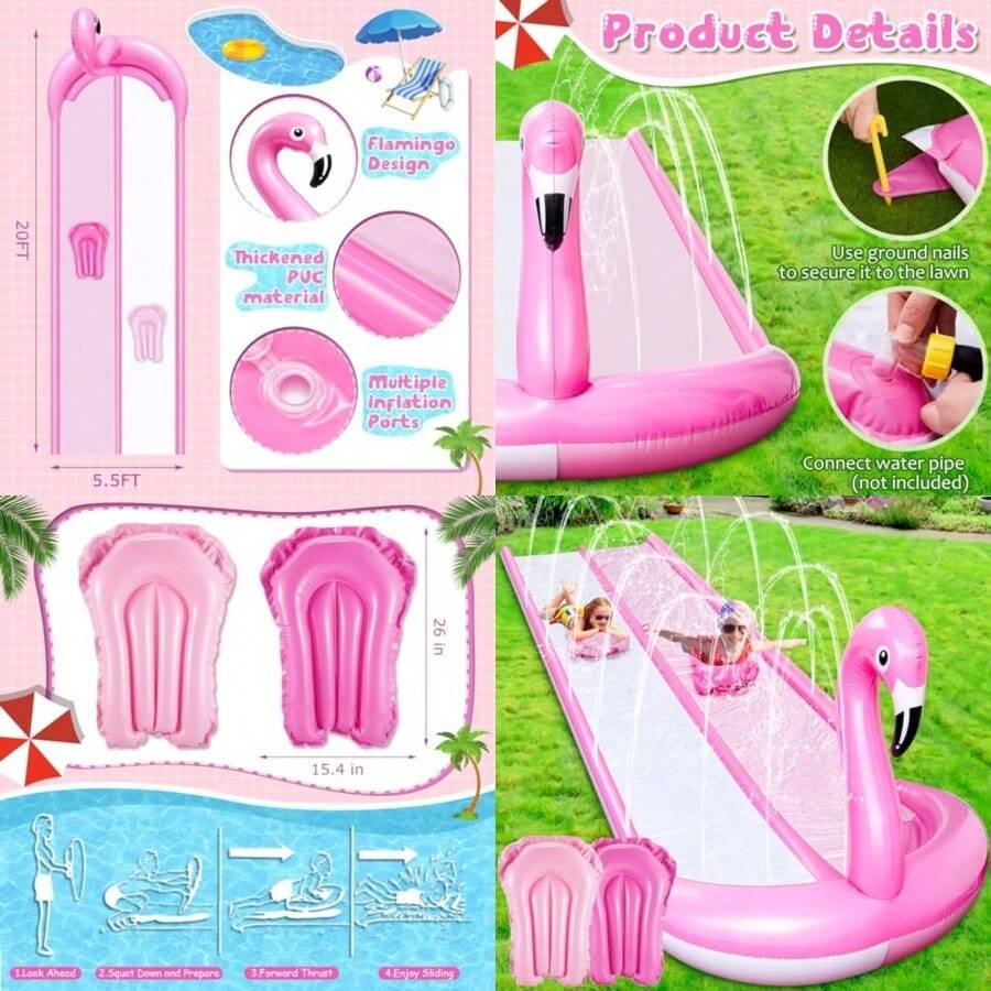 Foilswirl - Tobogán acuático 3D de 20 pies con 3 lados  para césped toboganes de agua con 2 tablas de bodyboard y aspersor tobogán inflable de verano tobogán acuático resistente para niños y - Flamenco - Ver 1